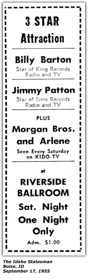 Promo Ad - Riverside Ballroom - Boise, ID - Billy Barton - Jimmy Patton - Morgan Brothers and Arlene - September 1955