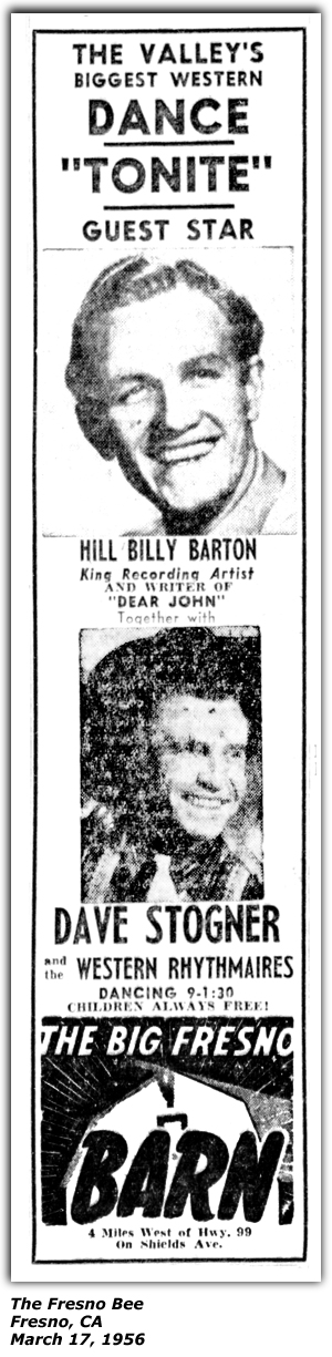 Promo Ad - The Fresno Big Barn - Fresno, CA - March 1956 - Hillbilly Barton - Dave Stogner