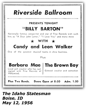 Promo Ad - Riverside Ballroom - Billy Barton - Candy and Leon Walker - Barbara Mae - The Brown Boy - May 1956