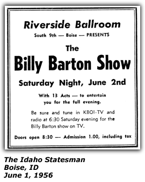 Promo Ad - Riverside Ballroom - Boise, ID - Billy Barton - June 1956