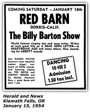 Promo Ad - The Big Barn - Salinas, CA - Billy Barton - Wanda Wayne - Randall Parker - April 1954