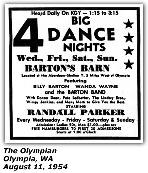 Promo Ad - Barton's Barn - Olympia, WA - Billy Barton - Wanda Wayne - Barton Band - Randall Parker - August 1954