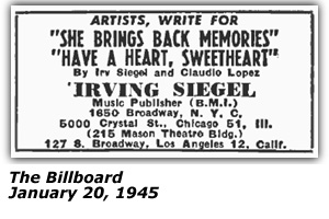 Promo Ad - She Brings Back Memories - Have A Heart, Sweetheart - Irving Siegel and Claudio Lopez - January 1945