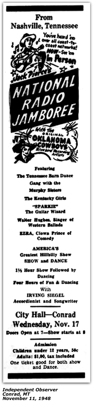 Promo Ad - National Radio Jamboree - City Hall - Conrad, MT - Jack Pierce - Oklahoma Cowboys - Kentucky Girls - Irving Siegel - Walter Hughes - Tennessee Barn Dance - November 1948