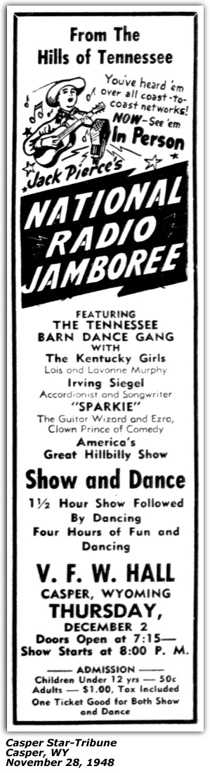 Promo Ad - National Radio Jamboree - V. F. W. Hall - Casper, WY - Jack Pierce - Tennessee Barn Dance - Kentucky Girls - Irving Siegel - November 1948