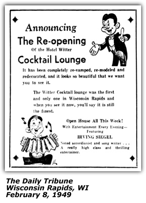 Promo Ad - Hotel Witter Cocktail Lounge - Wisconsin Rapids, WI - Ivring Siegel - February 1949