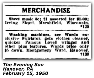 Classified Ad - Irving Siegel - Hanover, PA - February 1950