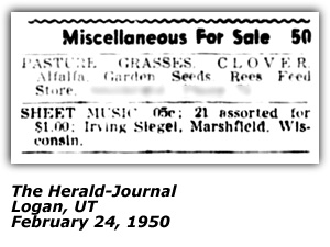 Classified Ad - Irving Siegel - Logan, UT - February 1950