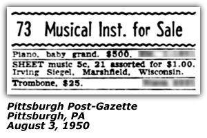 Classified Ad - Irving Siegel - Pittsburgh, PA - August 1950