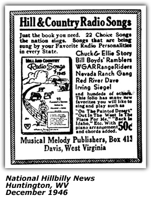 Promo Ad - Hill and Country Radio Songs - Music Melody Publishers - Irving Siegel - Bill Boyd - WGAR Range RIders - Red River Dave - December 1946