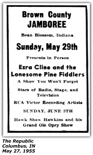 Promo Ad - Brown County Jamboree - Bean Blossom, IN - Ezra Cline and the Lonesome Pine Fiddlers - Hawkshaw Hawkins - May 1955