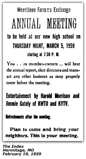 Promo Ad - Weaubleau Farmers Exchange Annual Meeting - March 1959 - Jimmy Gately - Harold Morrison - Hermitage, MO - February 1959