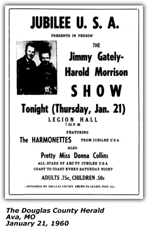 Promo Ad - Legion Hall - Ava, MO - Jimmy Gately - Harold Morrison - The Harmonettes - Donna Collins - January 1960