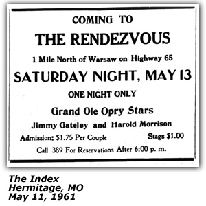 Promo Ad - The Rendezvous - Warsaw, MO - Jimmy Gately - Harold Morrison - May 1961