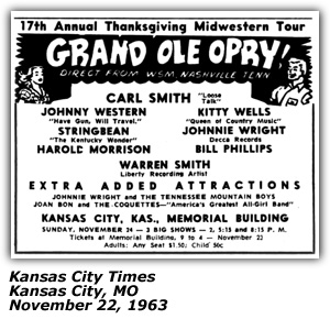 Promo Ad - Memorial Building - Kansas City, KS - Johnny Western - Kitty Wells - Johnny Wright - Stringbean - Harold Morrison - Bill Phillips - November 1963