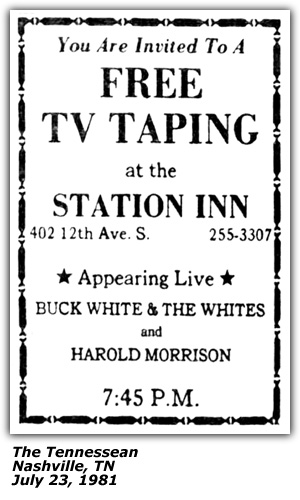 Promo Ad - Station Inn - Nashville, TN - Buck White and the Whites - Harold Morrison - July 1981