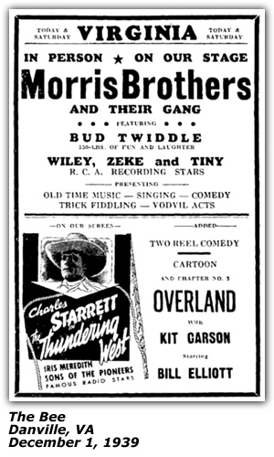 Promo Ad - Virginia Theatre - Danville, VA - Morris Brothers - Wiley, Zeke and Tiny - December 1939