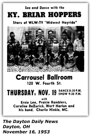 Promo Ad - Carrousel Ballroom - Dayton, OH - Kentucky Briarhoppers - Ernie Lee - Prairie Rambelrs - Carolline DeZurick - Wert Harlan - Charlie Hinkle- November 1953