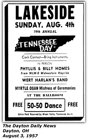 Promo Ad - Lakeside - Tennessee Day - Phyllis and Billy Holmes - Myrtle Ogan - Wert Harlan - August 1957