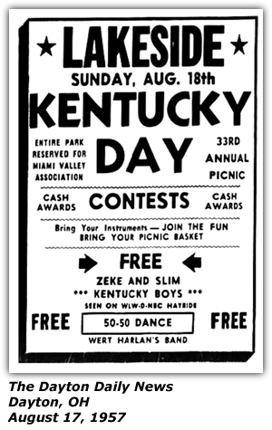 Promo Ad - Lakeside - Kentucky Day - Zeke and Slim - Kentucky Boys - Wert Harlan - August 1957
