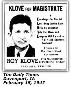 Promo Ad - Roy Kove - Davenport, IA - Magistrate - Republican Ticket - February 1947