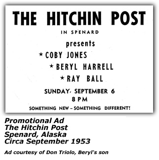 Hitchin Post Ad - Sep 1953 - Spenard AK - Beryl Harrell Roy Ball Coby Jones, Alaska 1953