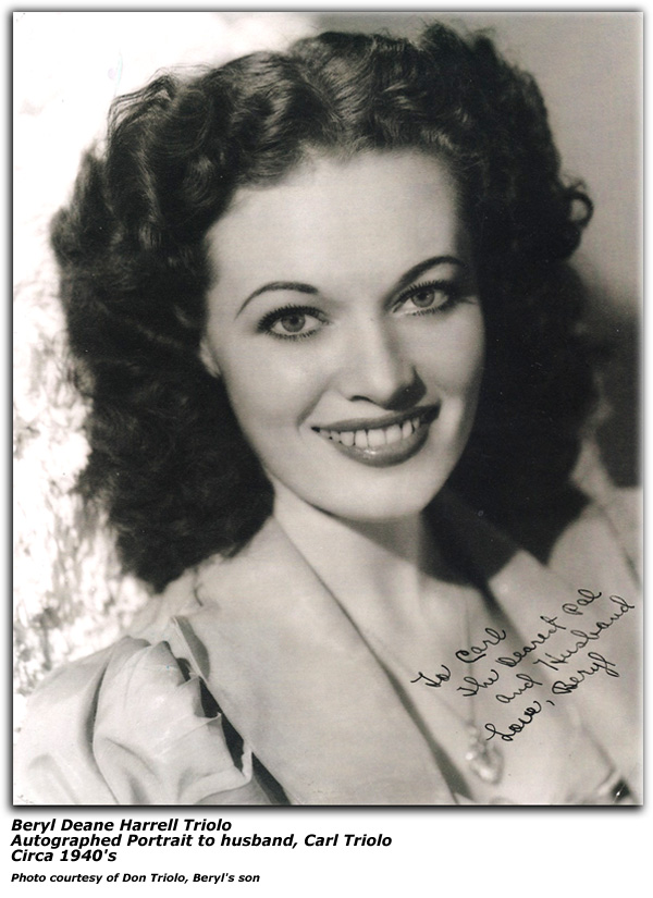 Beryl Deane Harrell Triolo - autographed portrait to husband, Carl Triolo