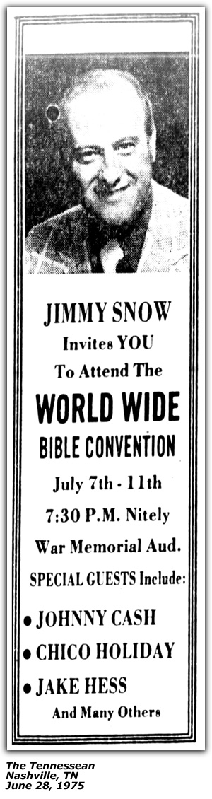 Promo Ad - World Wide Bible Convention - War Memorial Auditorium - Nashville, TN - Johnny Cash - Jimmy Snow - Chico Holiday - Jake Hess - June 1975