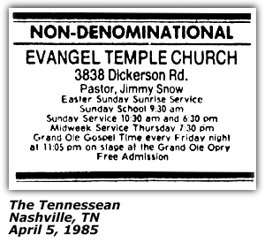 Promo Ad - Evangel Temple Church - Nashville, TN - Pastor Jimmy Snow - April 1985