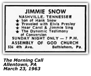 Promo Ad - Assembly of God Church - Bethlehem, PA - Jimmie Rodgers Snow - March 1963