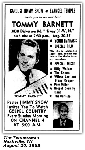 Promo Ad - Evangel Temple - Nashville, TN - Tommy Barnett - Carl and Jimmy Snow - Billy Walker - Wilma Lee and Stoney Cooper - Pam Miller - The Carlisles - August 1968