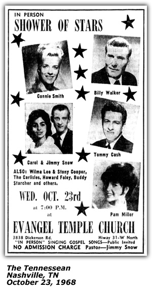 Promo Ad - Shower of Stars - Evangel Temple Church - Nashville, TN - Connie Smith - Billy Walker - Carol and Jimmy Snow - Tommy Cash - Pam Miller - October 1968