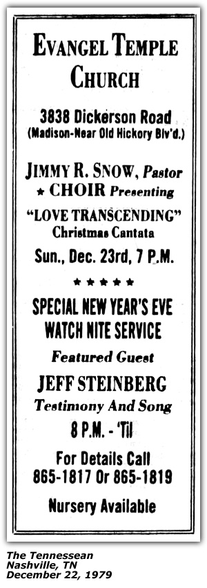 Promo Ad - Evangel Temple Church - Jimmy R. Snow - Nashville, TN - December 1979