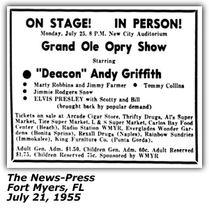 Promo Ad -  New City Auditorium - Fort Myers, FL - Deacon Andy Griffith - Marty Robbins - Tommy Collins - Jimmie Rodgers Snow - Elvis Presley - July 1955