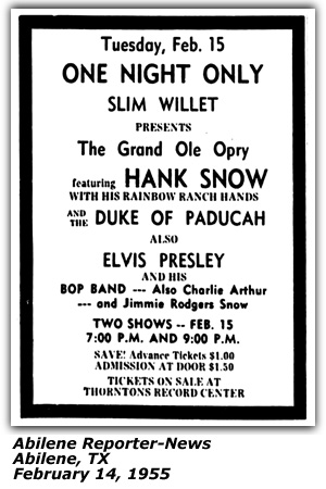 Promo Ad - Hank Snow - Duke of Paducah - Elvis Presley - Jimmie Rodgers Snow - Charline Arthur - Abilene, TX - February 1955
