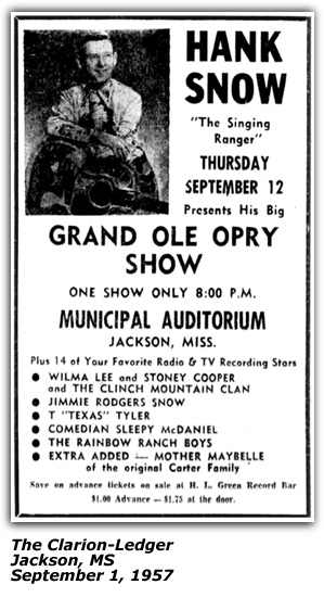Promo Ad - Municipal Auditorium - Jackson, MS - Hank Snow - Jimmie Rodgers Snow - T. Texas Tyler - Wilma Lee and Stoney Cooper - Sleepy McDaniel - September 1957