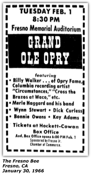 Promo Ad - Fresno Memorial Auditorium - Fresno, CA - Billy Walker - Merle Haggard - Wynn Stewart - Dick Curless - Bonnie Owens - Kay Adams - January 1966