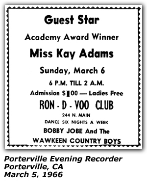 Promo Ad - Ron-D-Voo Club - Porterville, CA - Kay Adams - March 1966