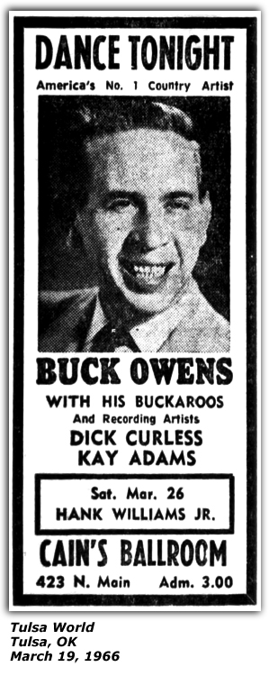 Promo Ad - Cain's Ballroom - Tulsa, OK - Buck Owens - Dick Curless - Kay Adams - March 1966