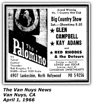 Promo Ad - The Palomino - North Hollywood, CA - Kay Adams - Glen Campbell - April 1966