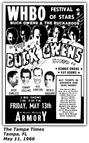 Promo Ad - WHBO - Ft. Homer Hesterly Armory - Tampa, FL - Buck Owens - Dick Curless - Tommy Collins - Red Simpson - Merle Haggard - Bonnie Owens - Kay Adams - May 1966