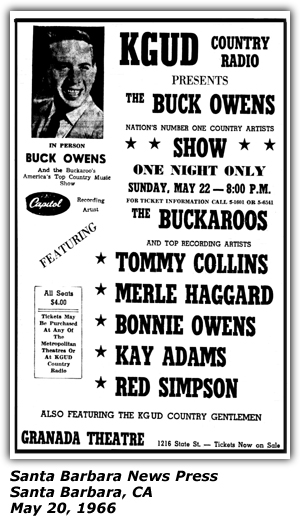 Promo Ad - KGUC Country Radio - Buck Owens Show - Santa Barbara, CA - Kay Adams - Buck Owens - Tommy Collins - Merle Haggard - Bonnie Owens - Red Simpson