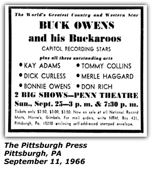 Promo Ad - Penn Theatre - Pittsburgh, PA - Buck Owens - Kay Adams - Tommy Collins - Dick Curless - Merle Haggard - Don Rich - Bonnie Owens - September 1966
