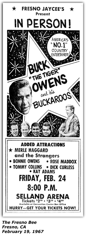 Promo Ad - Selland Arena - Fresno, CA - Buck Owens - Merle Haggard - Bonnie Owens - Rose Maddox - Tommy Collins - Dick Curless - Kay Adams - February 1967