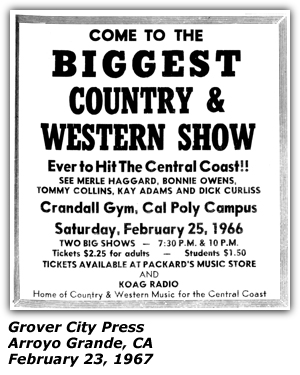 Promo Ad - Crandall Gym - Arroyo Grande, CA - Merle Haggard - Bonnie Owens - Tommy Collins - Kay Adams - Dick Curless - February 1966
