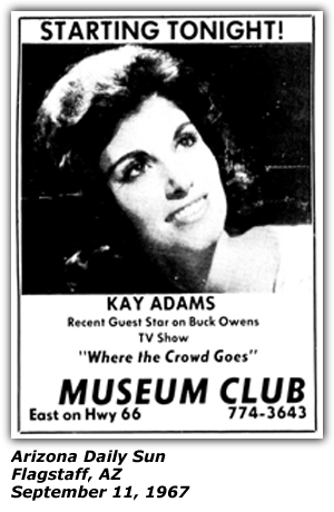 Promo Ad - Museum Club - Flagstaff, AZ - Kay Adams - September 1967