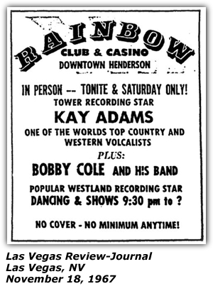 Promo Ad - Rainbow Club and Casino - Henderson, NV - Kay Adams - November 1967