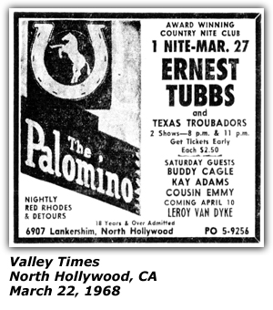 Promo Ad - The Palomino - Ernest Tubb - Buddy Cagle - Kay Adams - North Hollywood, CA - March 1968