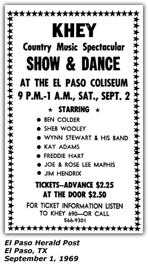 Promo Ad - KHEY Country Music Spectacular - El Paso Coliseum - El Paso, TX - Ben Colder - Sheb Wooley - Wynn Stewart - Kay Adams - Freddie Hart - Joe and Rose Lee Maphis - Jim Hendrix - September 1969