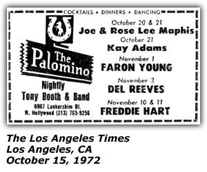 Promo Ad - The Palomino - North Hollywood, CA - Joe and Rose Lee Maphis - Kay Adams - Faron Young - Del Reeves - Freddie Hart - October 1972